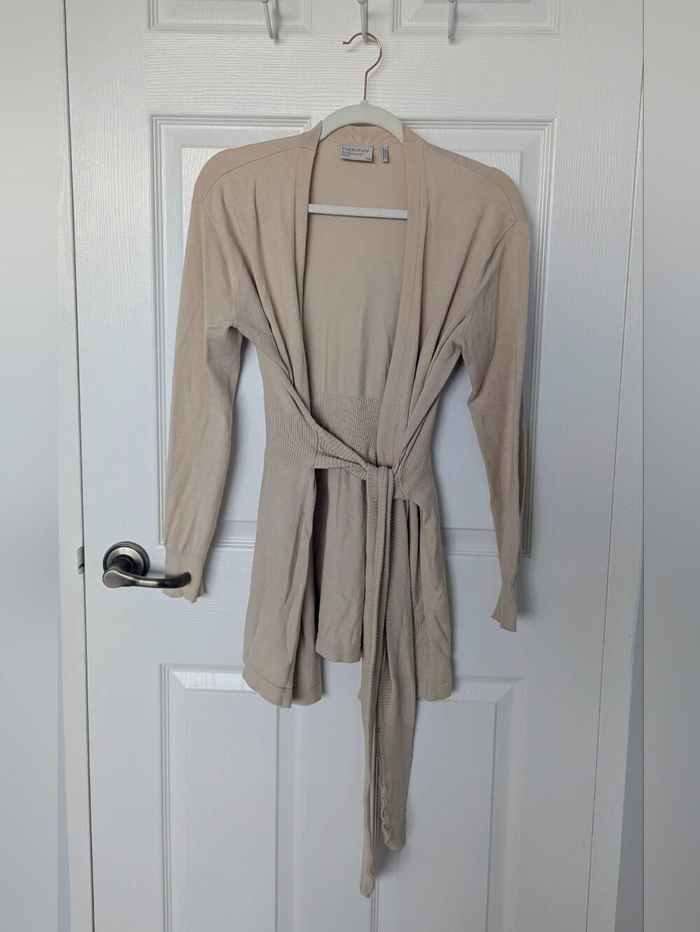 Light Beige Belted Open-Front Cardigan Sweater